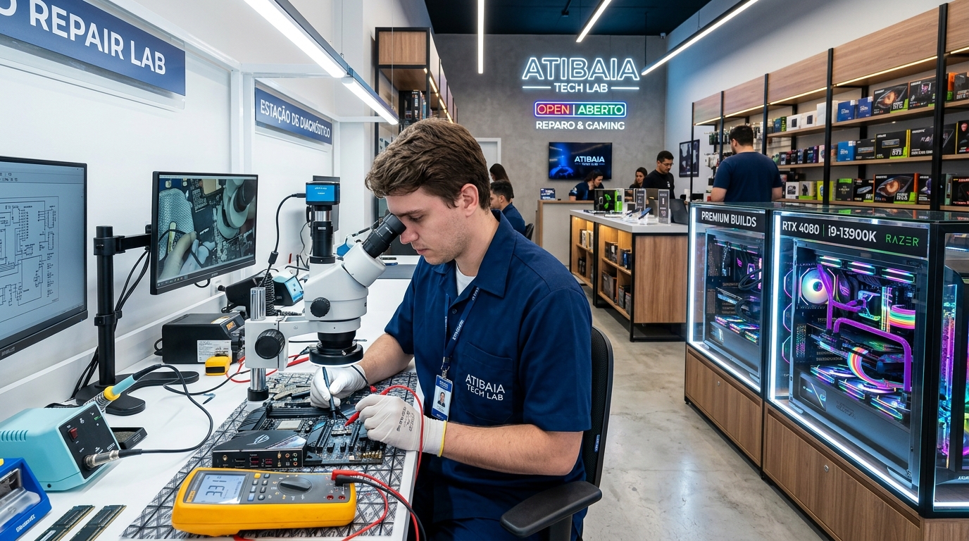 Laboratório técnico de computadores e notebooks da Alfaomega Informática em Atibaia